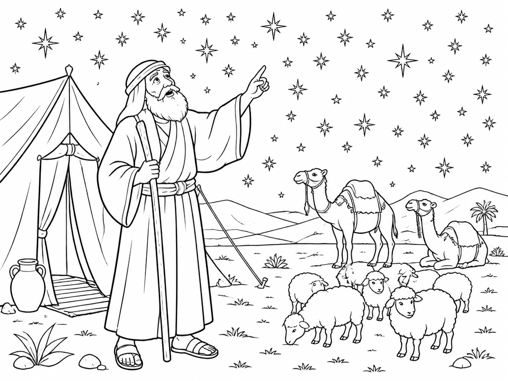 Dibujo para colorear de Abraham mirando las estrellas