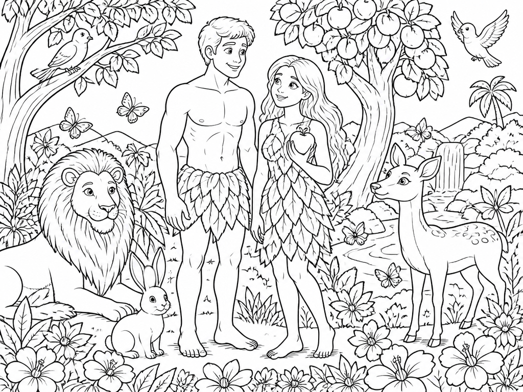Dibujo para colorear de Adán y Eva en Edén