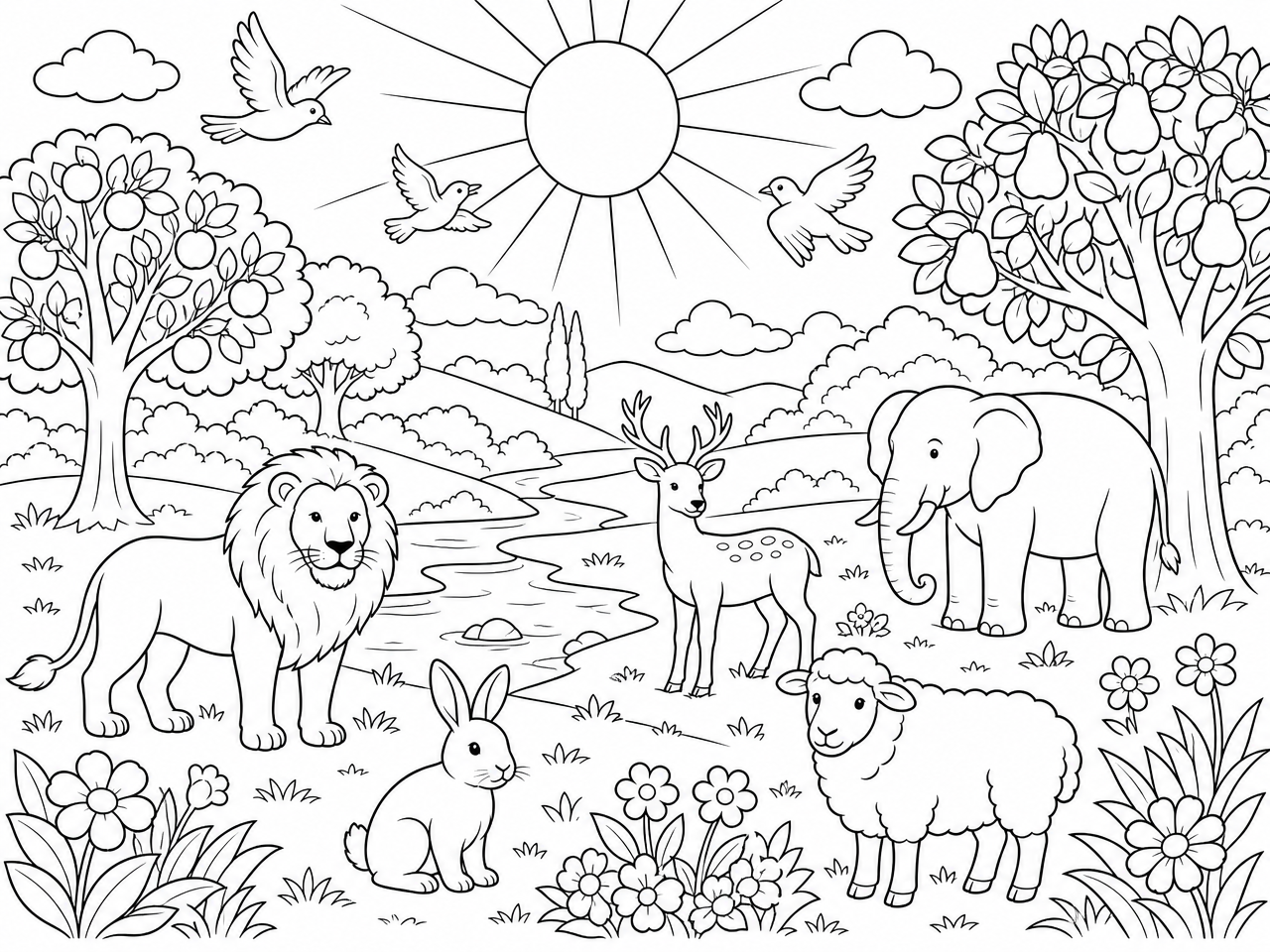Dibujo para colorear de la creación con plantas y animales