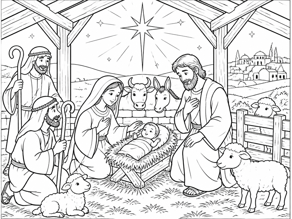 Dibujo para colorear del nacimiento de Jesús