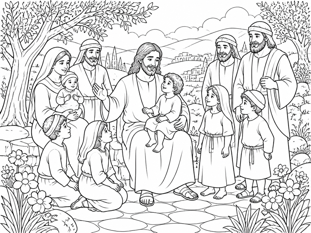 Dibujo para colorear de Jesús bendiciendo a los niños