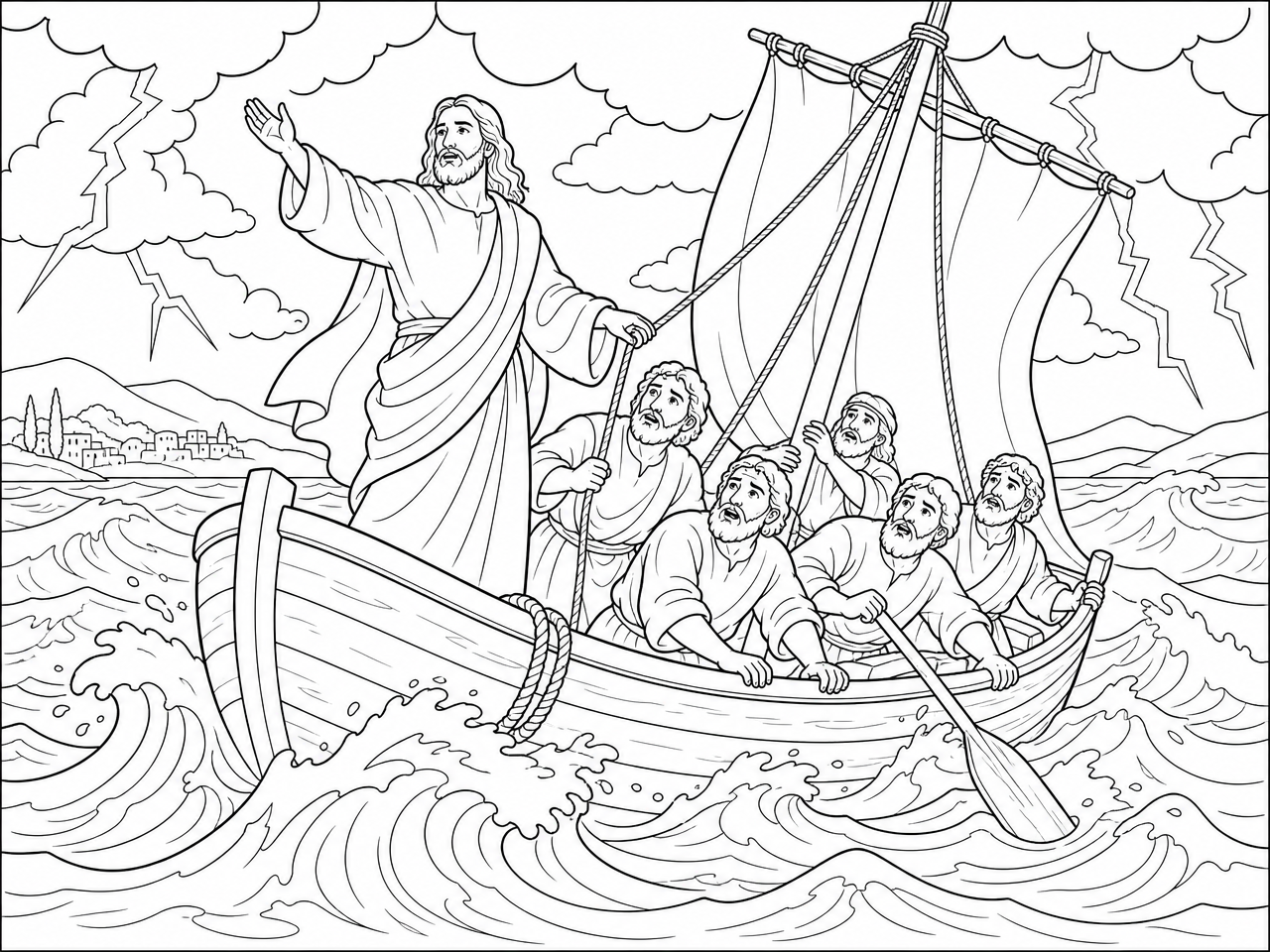 Dibujo para colorear de Jesús calmando la tormenta